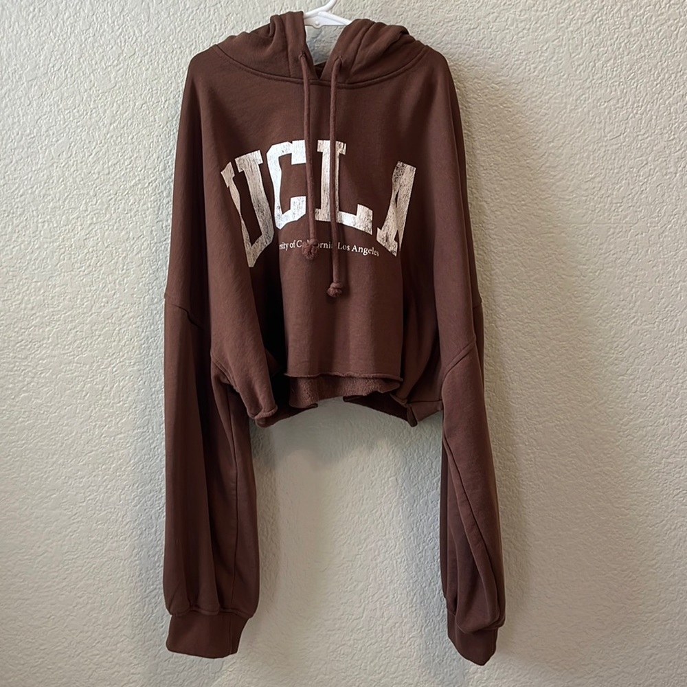Brown UCLA cropped hoodie with jaw strings